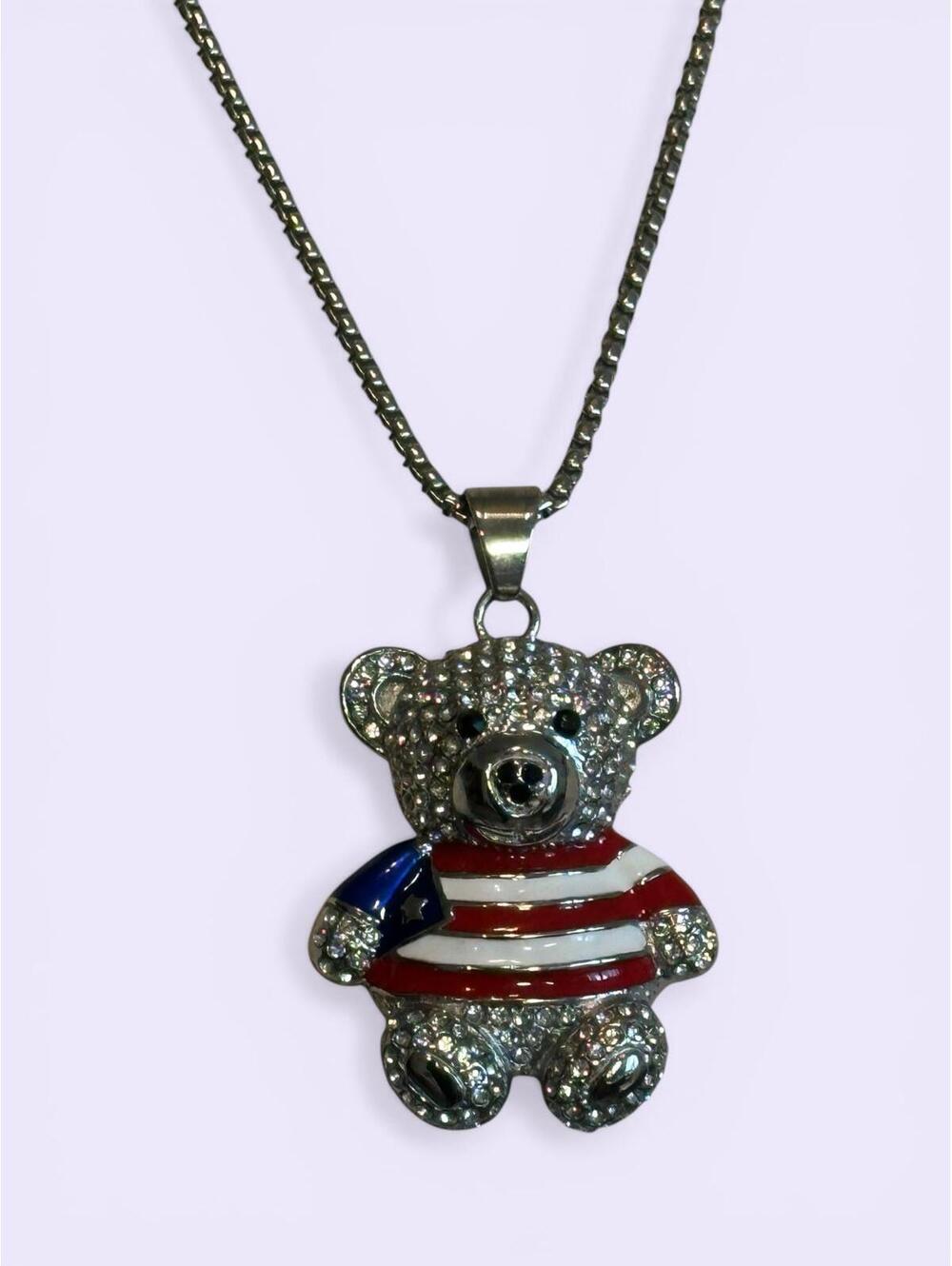 Stainless Steel Puerto Rican Flag Teddy Bear Necklace
